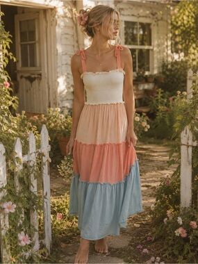 Bebop Colorblock Smocked Tiered Maxi Dress Cottagecore Boho Small